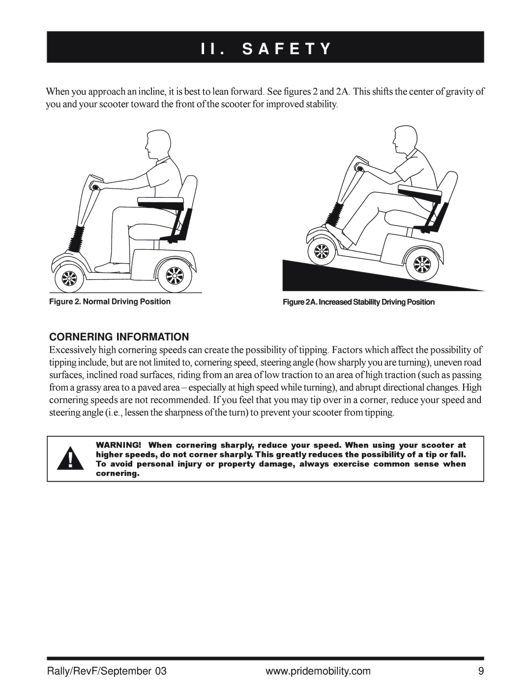 Pride Mobility SC155, SC151 owner manual Cornering Information, Normal Driving Position 