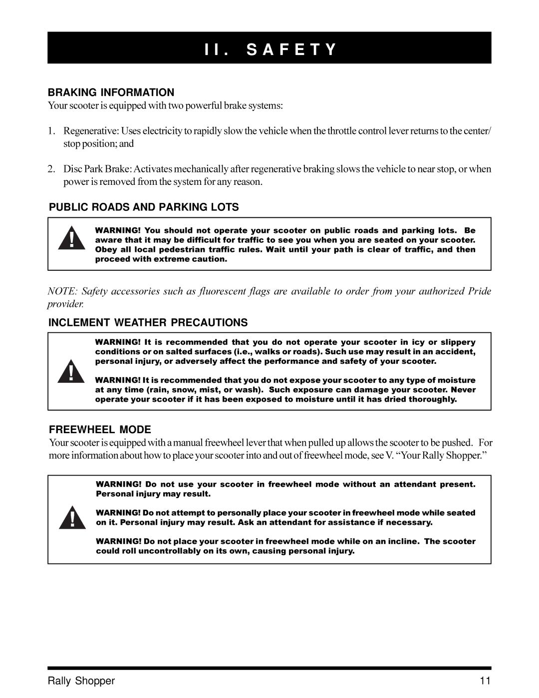 Pride Mobility SC151SHP owner manual Braking Information 