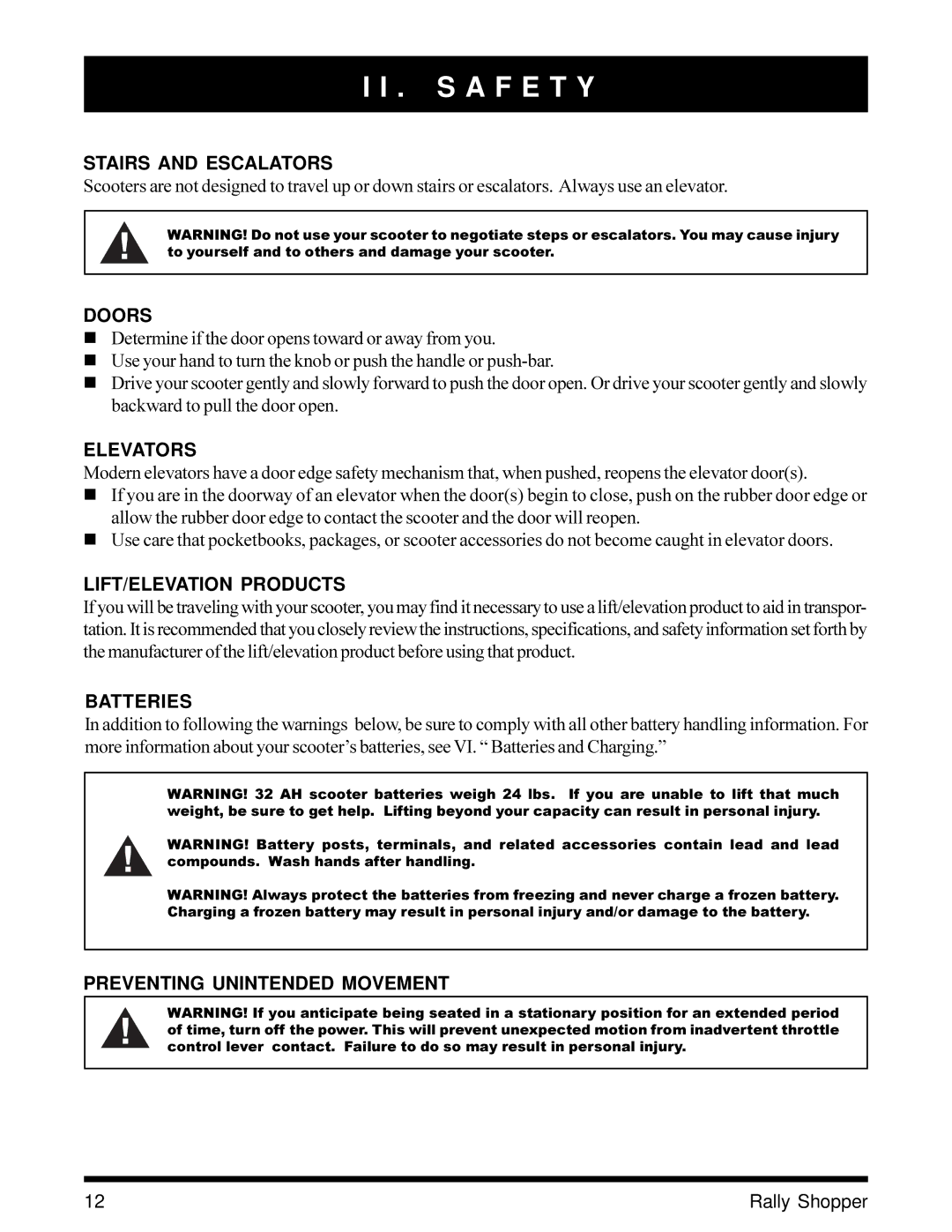 Pride Mobility SC151SHP owner manual Stairs and Escalators, Doors, Elevators, LIFT/ELEVATION Products, Batteries 