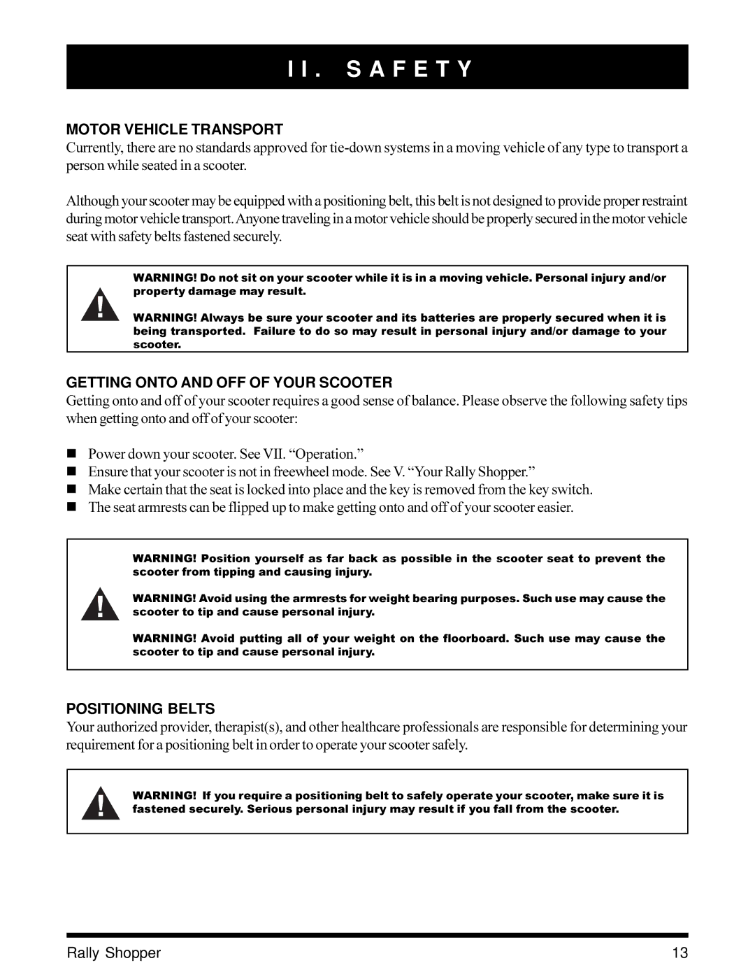 Pride Mobility SC151SHP owner manual Motor Vehicle Transport, Getting Onto and OFF of Your Scooter, Positioning Belts 