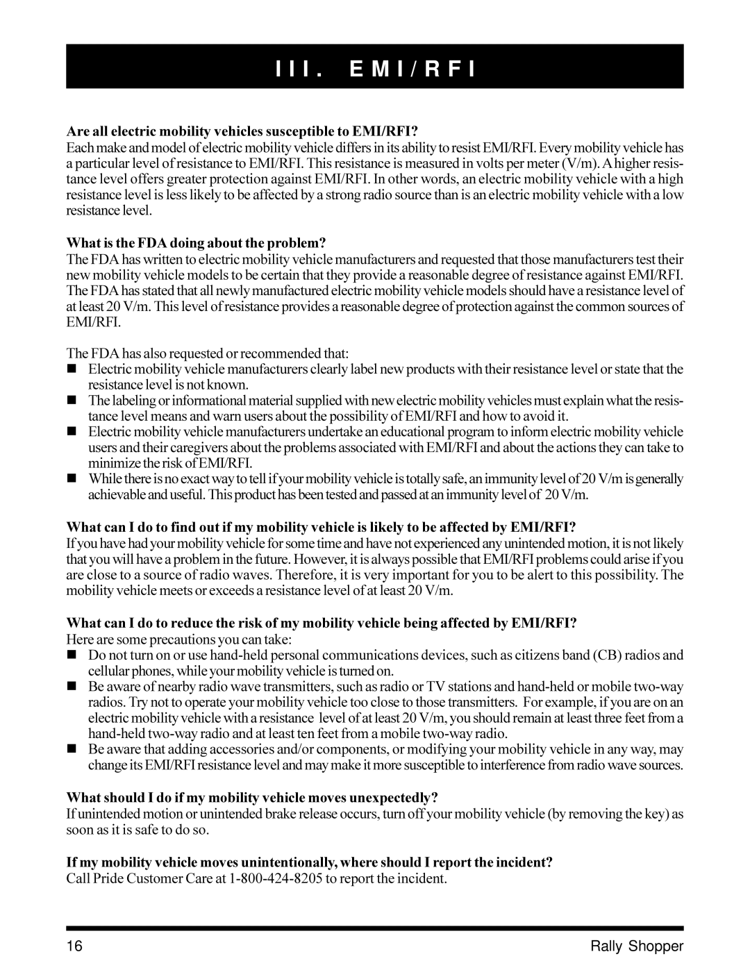 Pride Mobility SC151SHP owner manual Are all electric mobility vehicles susceptible to EMI/RFI? 