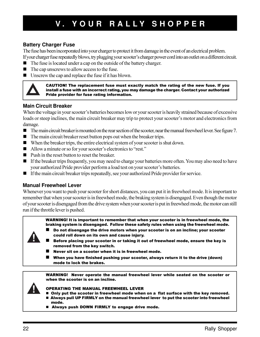 Pride Mobility SC151SHP owner manual Battery Charger Fuse, Main Circuit Breaker, Manual Freewheel Lever 