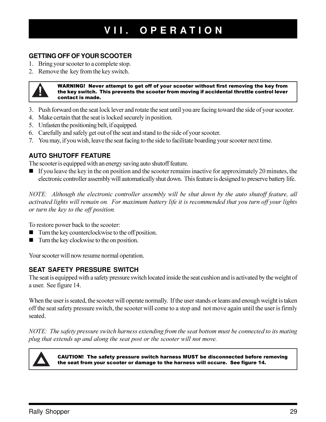 Pride Mobility SC151SHP owner manual Getting OFF of Your Scooter, Auto Shutoff Feature, Seat Safety Pressure Switch 