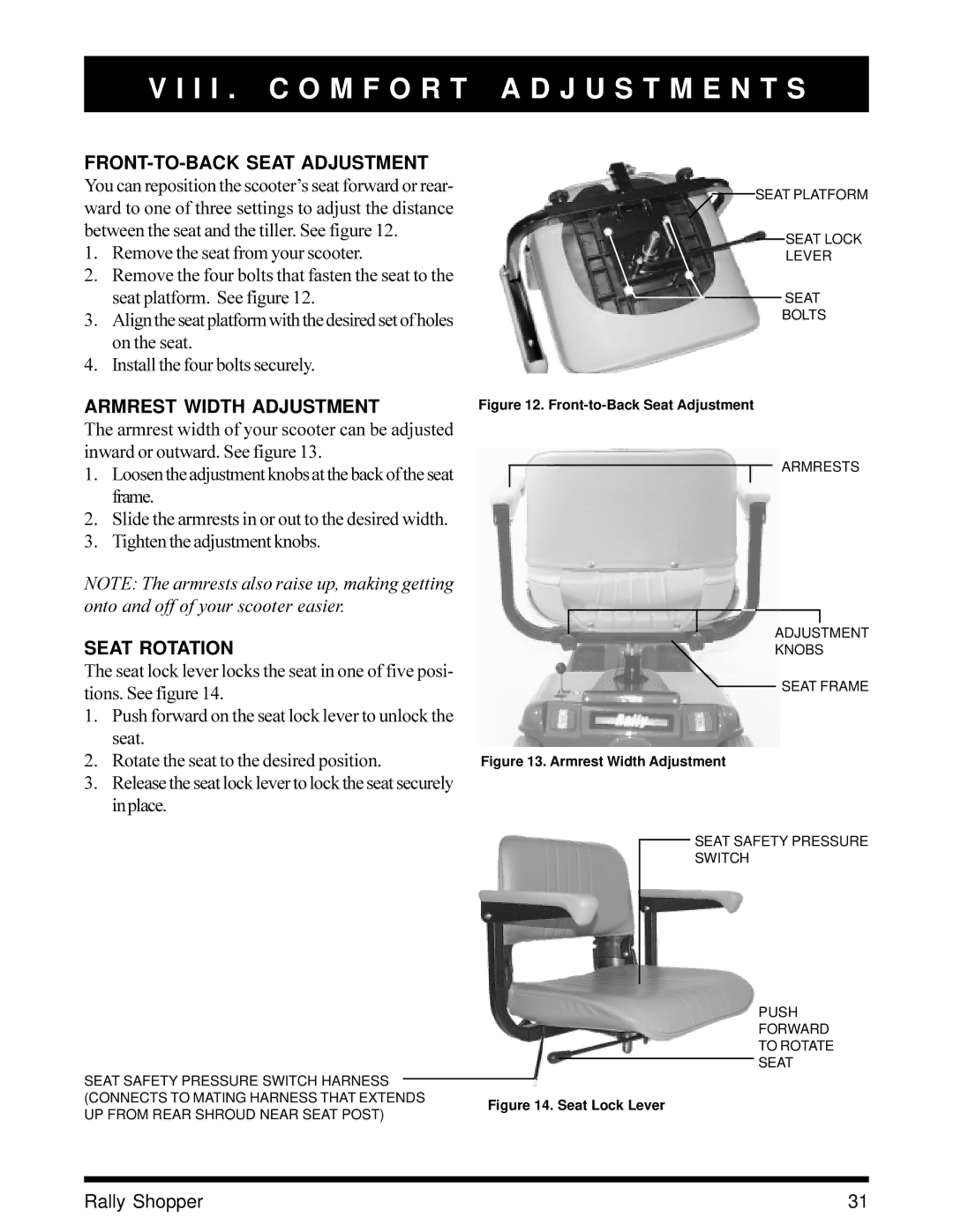 Pride Mobility SC151SHP owner manual Armrest Width Adjustment, Seat Rotation 