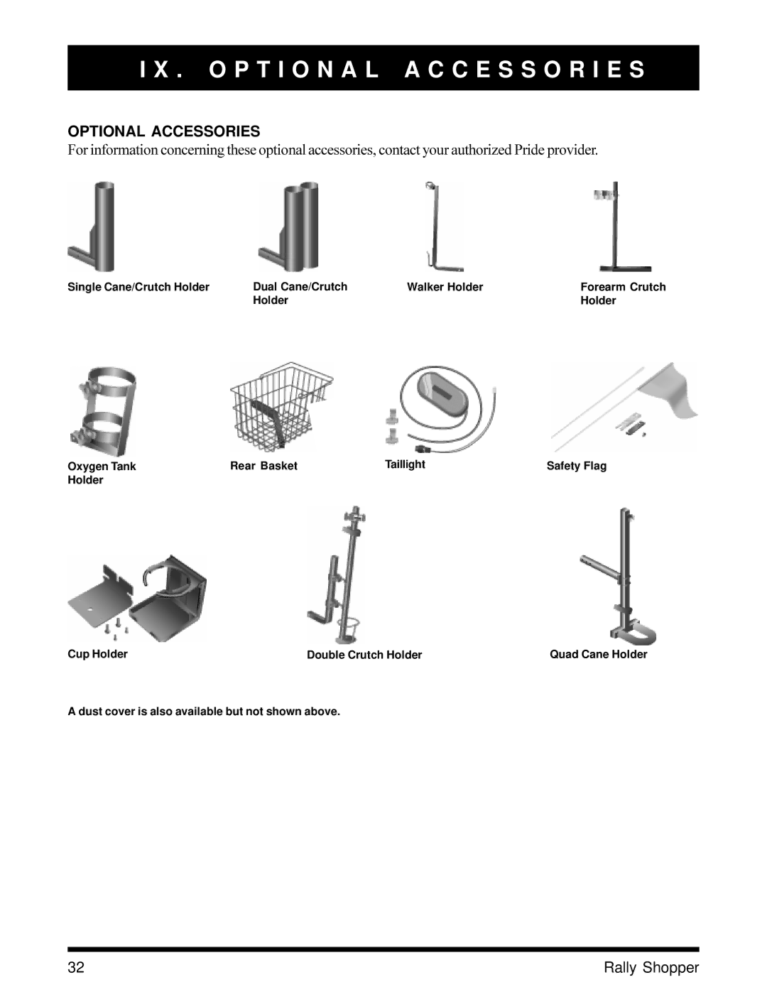 Pride Mobility SC151SHP owner manual O P T I O N a L a C C E S S O R I E S, Optional Accessories 