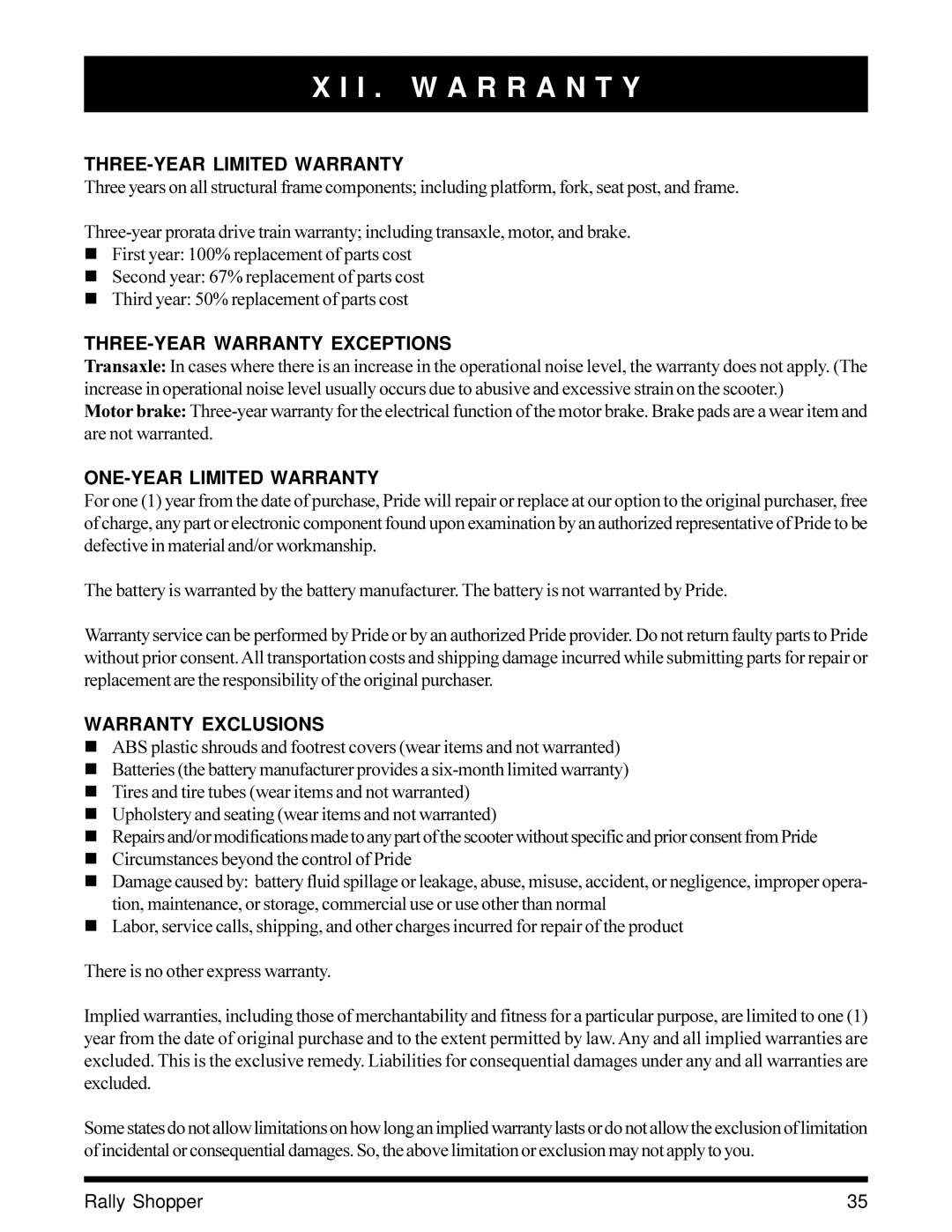 Pride Mobility SC151SHP owner manual I . W a R R a N T Y, THREE-YEAR Limited Warranty, THREE-YEAR Warranty Exceptions 