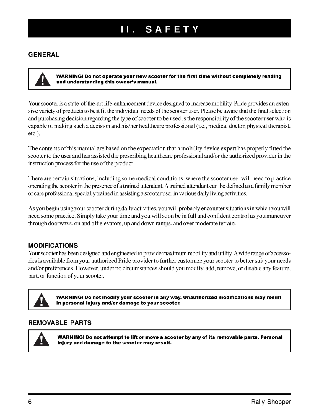 Pride Mobility SC151SHP owner manual S a F E T Y, General, Modifications, Removable Parts 