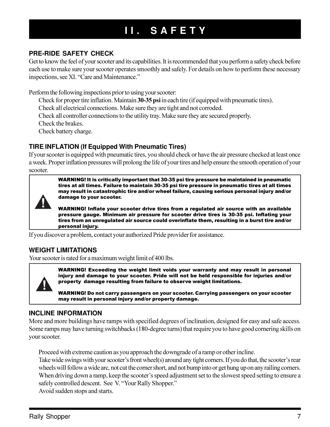 Pride Mobility SC151SHP PRE-RIDE Safety Check, Tire Inflation If Equipped With Pneumatic Tires, Weight Limitations 