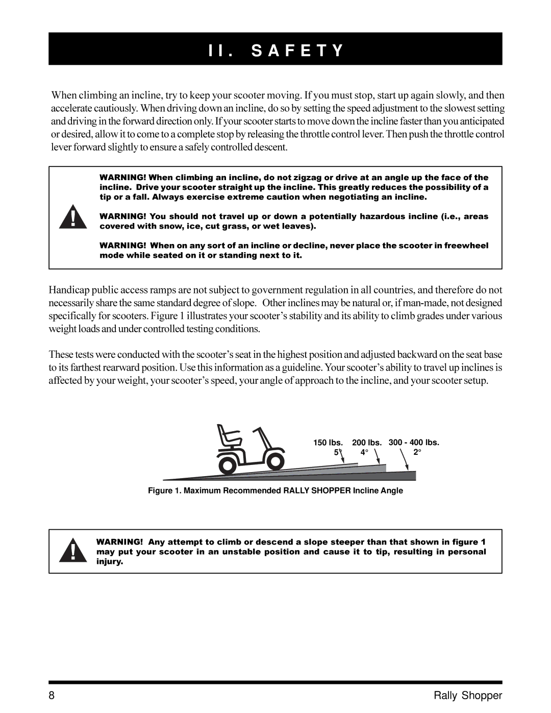 Pride Mobility SC151SHP owner manual Maximum Recommended Rally Shopper Incline Angle 