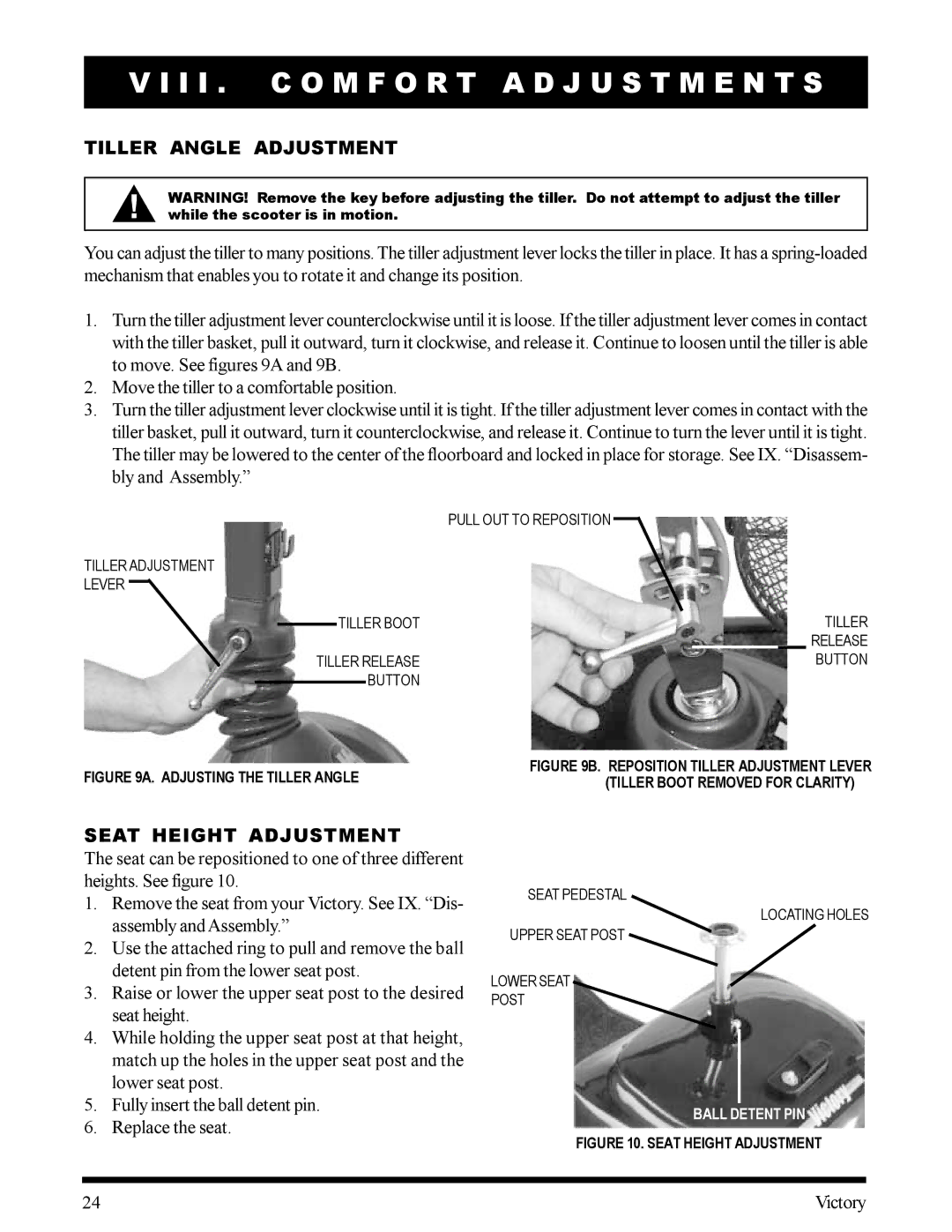 Pride Mobility SC170VBLU manual I I . C O M F O R T a D J U S T M E N T S, Tiller Angle Adjustment, Seat Height Adjustment 