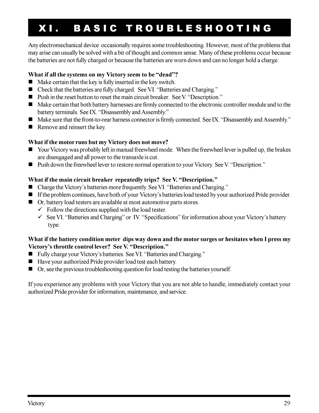 Pride Mobility SC160CRED, SC170VBLU manual B a S I C Troubleshooting, What if all the systems on my Victory seem to be dead? 