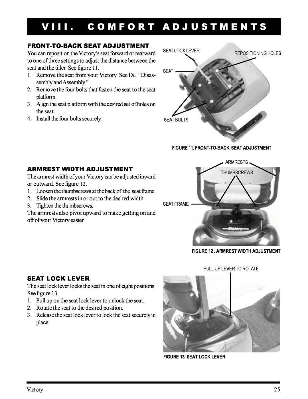 Pride Mobility SC170CRED manual Armrest Width Adjustment, Seat Lock Lever, V I I I . C O M F O R T A D J U S T M E N T S 