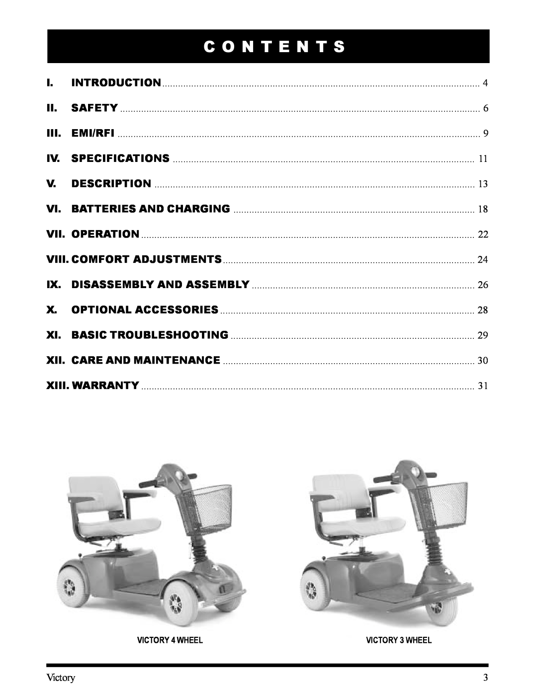 Pride Mobility SC160VBLU, SC170VBLU C O N T E N T S, contents, Introduction, Safety, Emi/Rfi, Specifications, Description 
