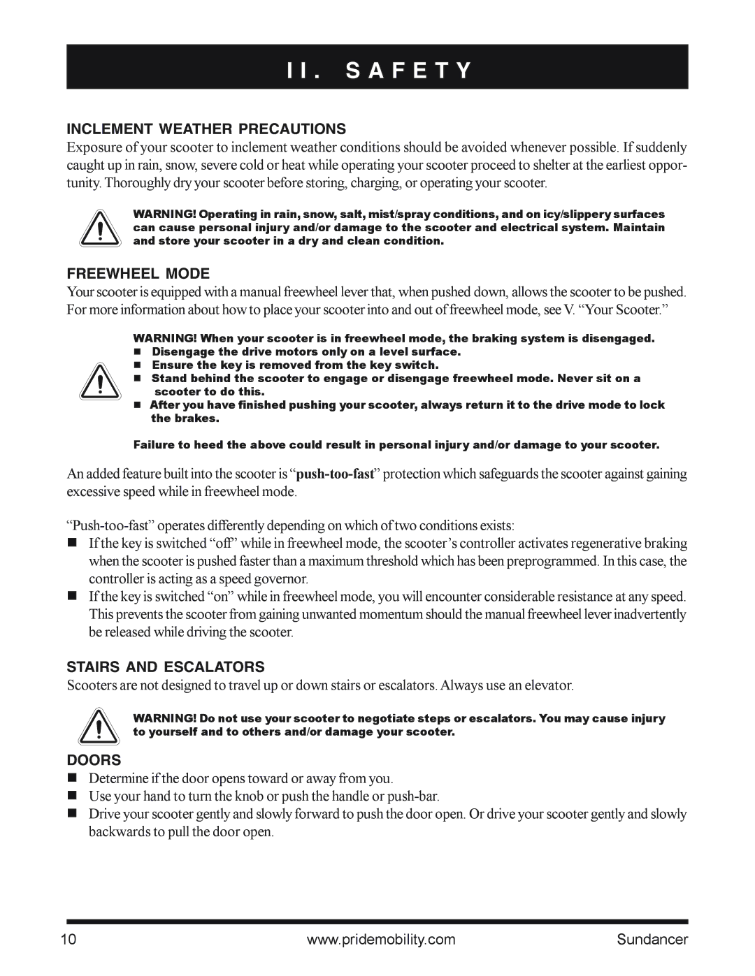 Pride Mobility SC2000PS owner manual Inclement Weather Precautions, Freewheel Mode, Stairs and Escalators, Doors 