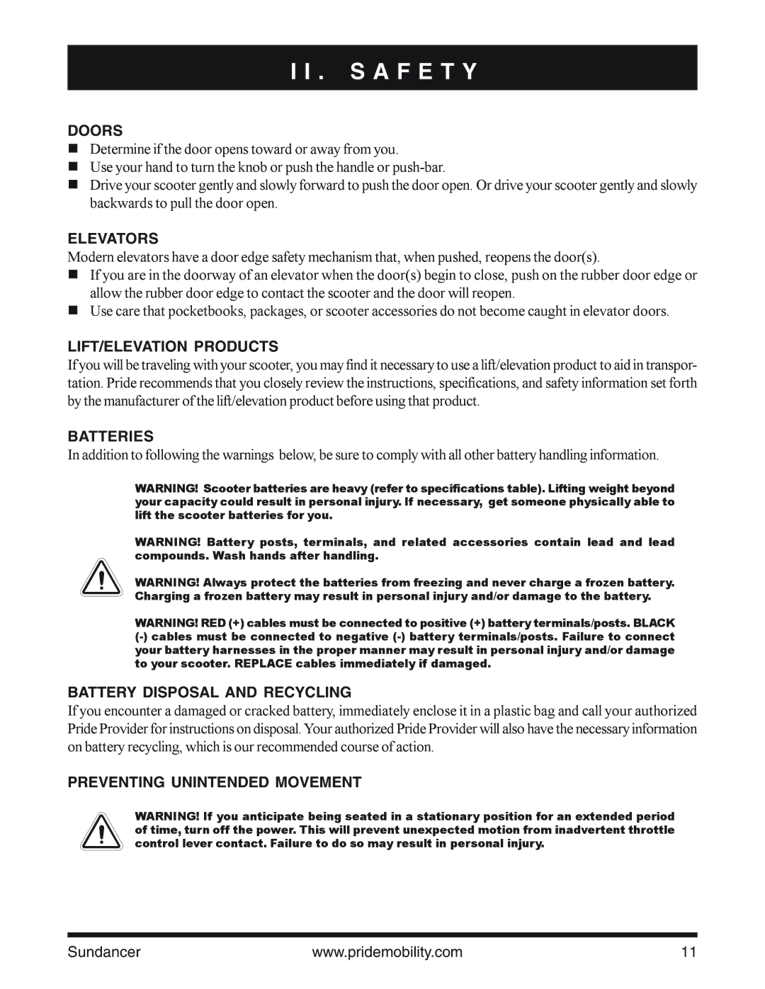 Pride Mobility SC2000PS owner manual Elevators, LIFT/ELEVATION Products, Batteries, Battery Disposal and Recycling 