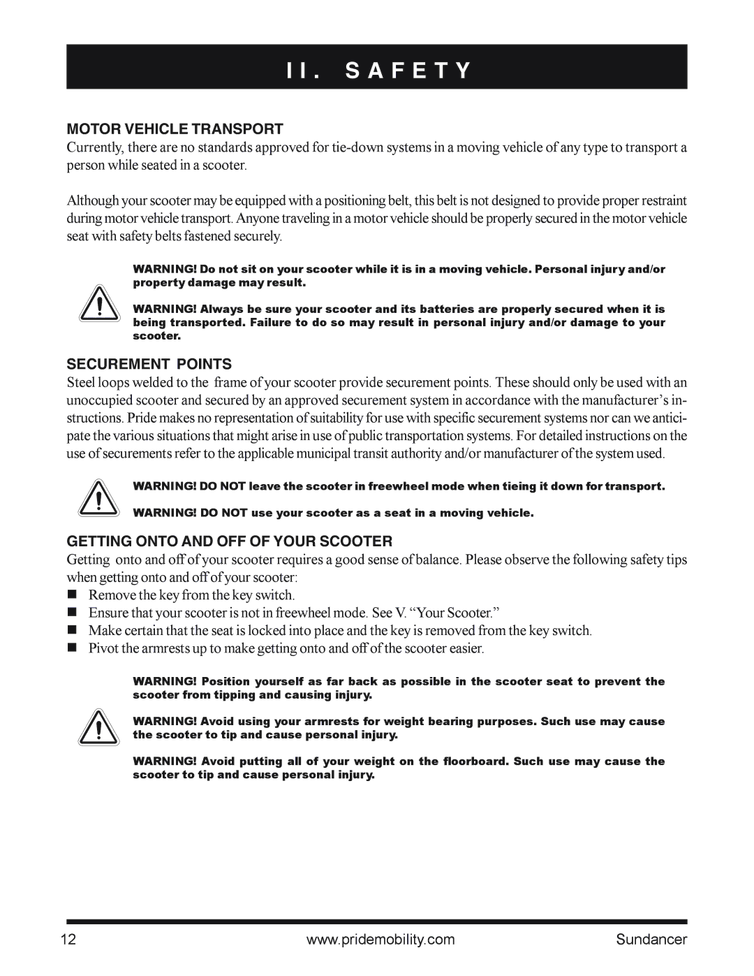 Pride Mobility SC2000PS owner manual Motor Vehicle Transport, Securement Points, Getting Onto and OFF of Your Scooter 