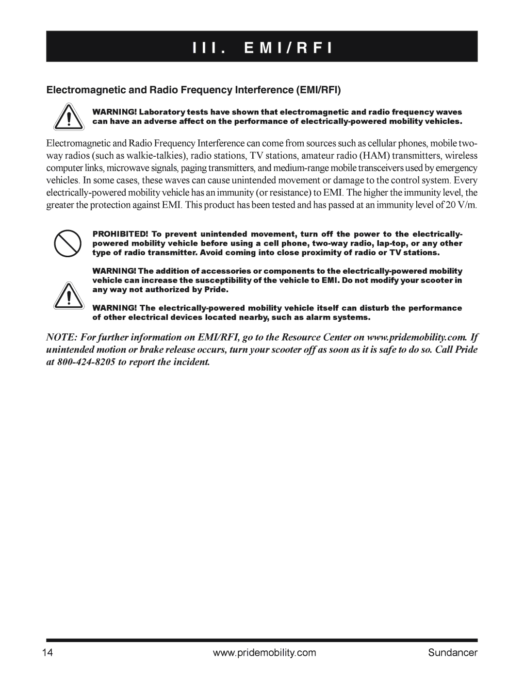 Pride Mobility SC2000PS owner manual I . E M I / R F, Electromagnetic and Radio Frequency Interference EMI/RFI 