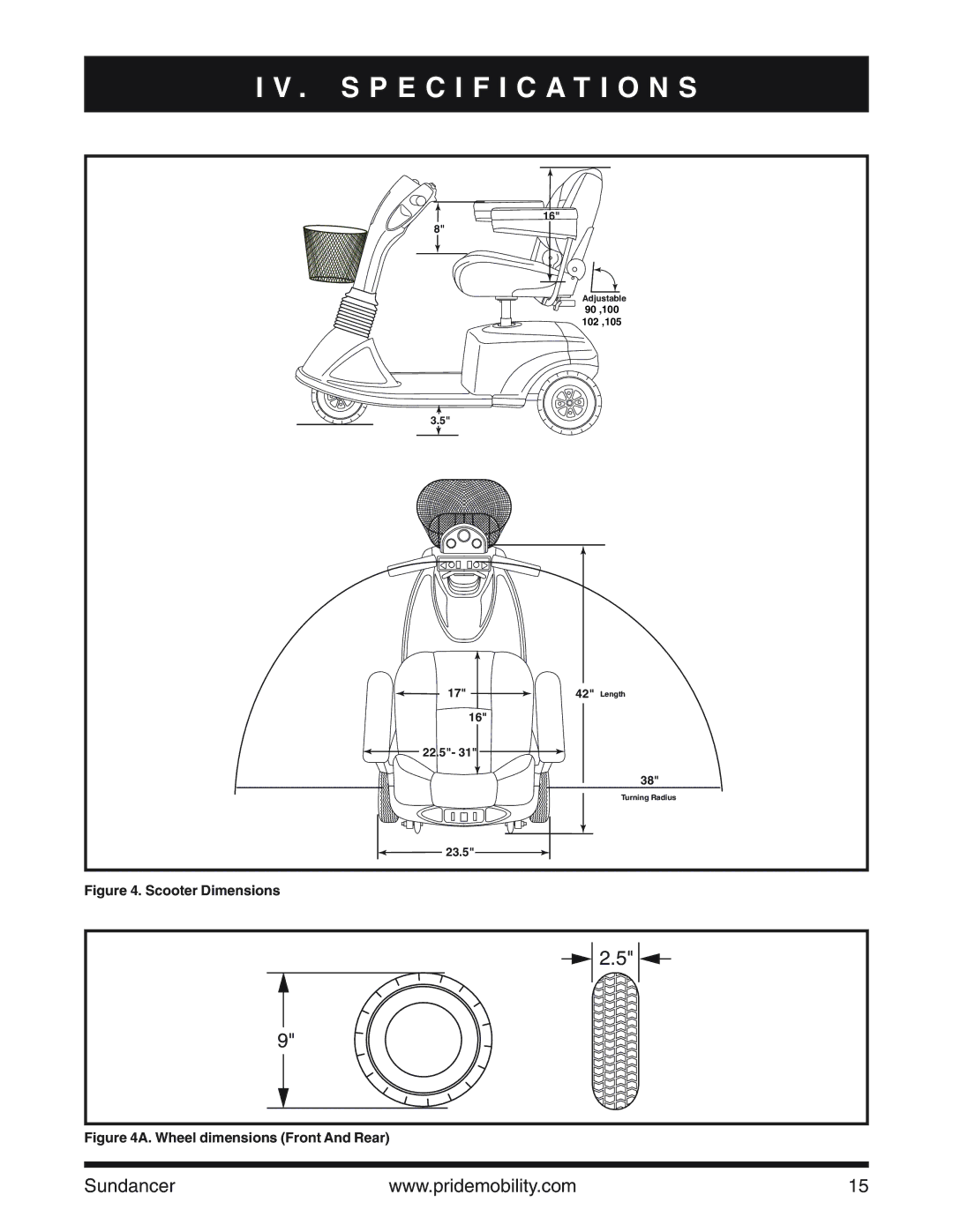 Pride Mobility SC2000PS owner manual Specification S, Scooter Dimensions 