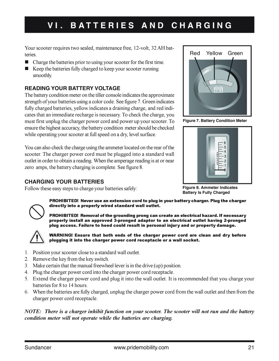 Pride Mobility SC2000PS B a T T E R I E S a N D C H a R G I N G, Reading Your Battery Voltage, Charging Your Batteries 