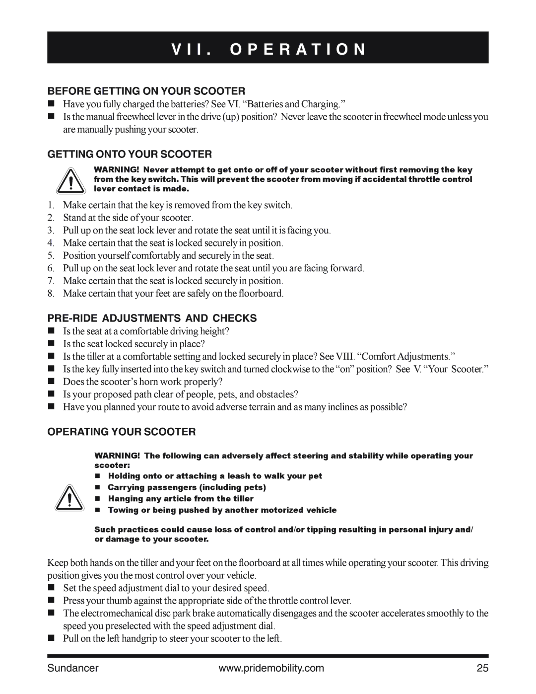 Pride Mobility SC2000PS owner manual I . O P E R a T I O N, Before Getting on Your Scooter, Getting Onto Your Scooter 