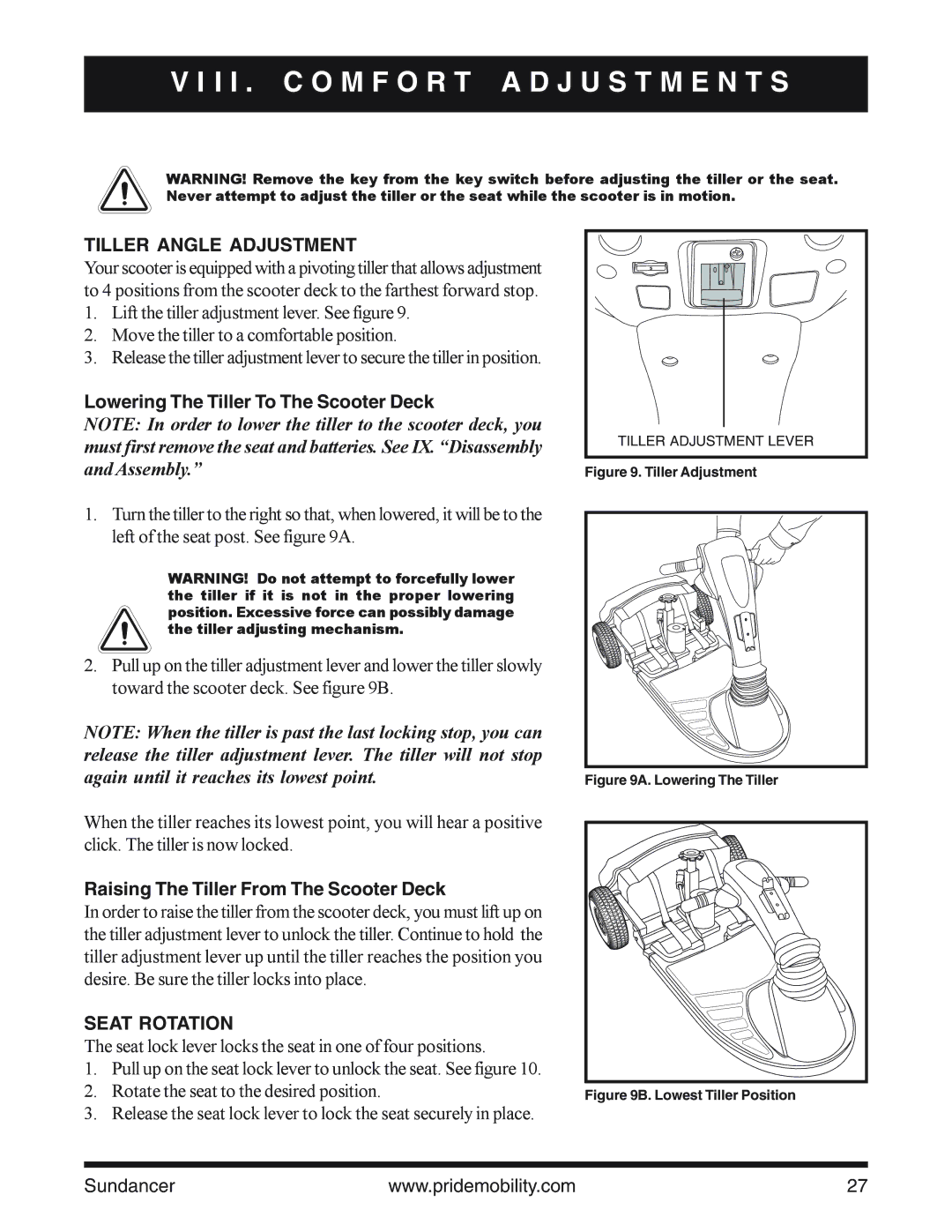 Pride Mobility SC2000PS owner manual I I . C O M F O R T a D J U S T M E N T S, Tiller Angle Adjustment, Seat Rotation 