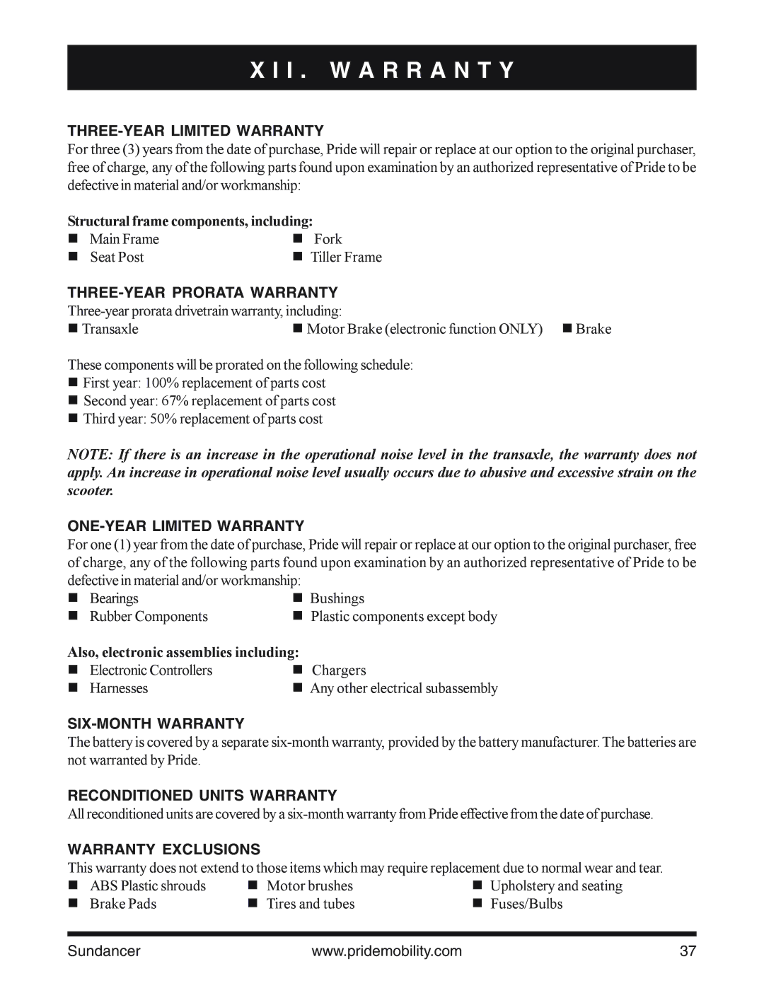 Pride Mobility SC2000PS owner manual I . W a R R a N T Y 