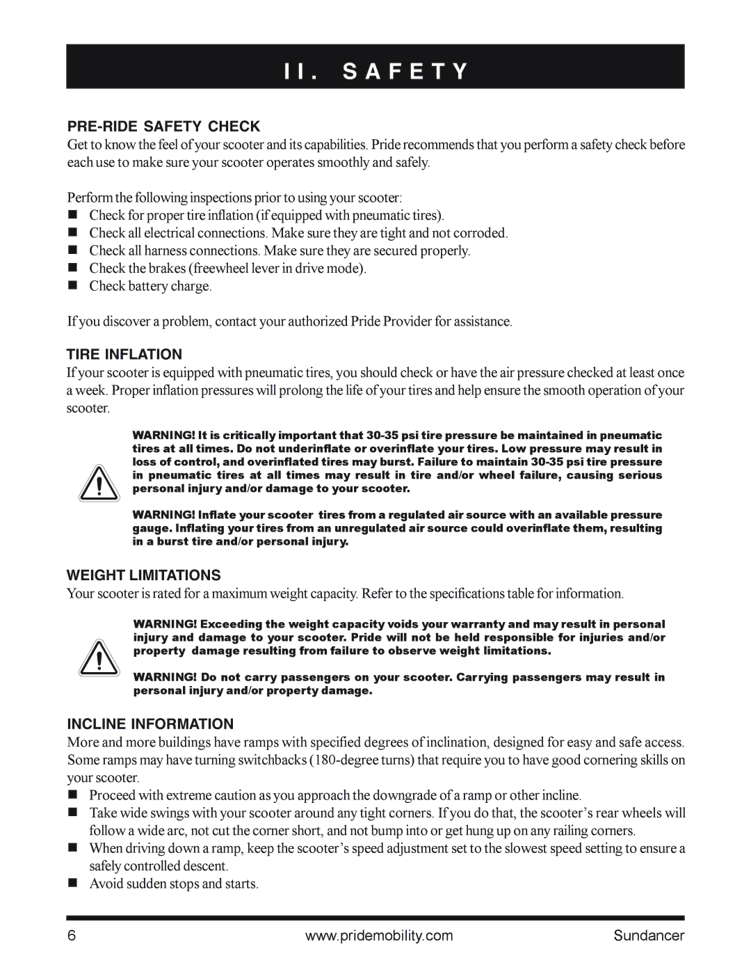 Pride Mobility SC2000PS owner manual PRE-RIDE Safety Check, Tire Inflation, Weight Limitations, Incline Information 