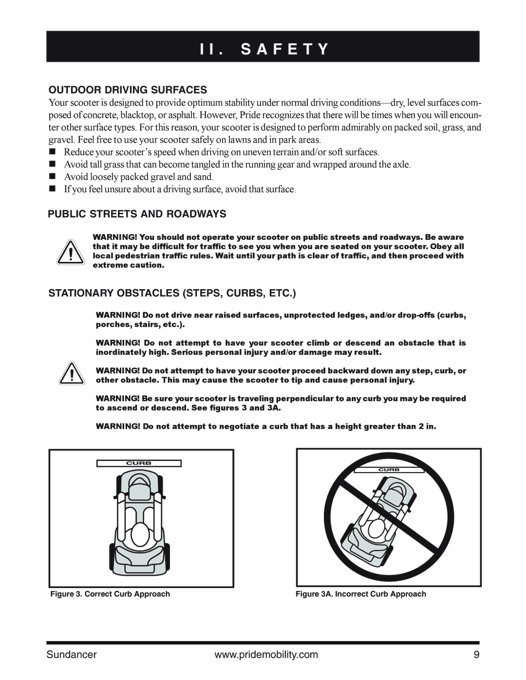 Pride Mobility SC2000PS owner manual Outdoor Driving Surfaces, Correct Curb Approach 
