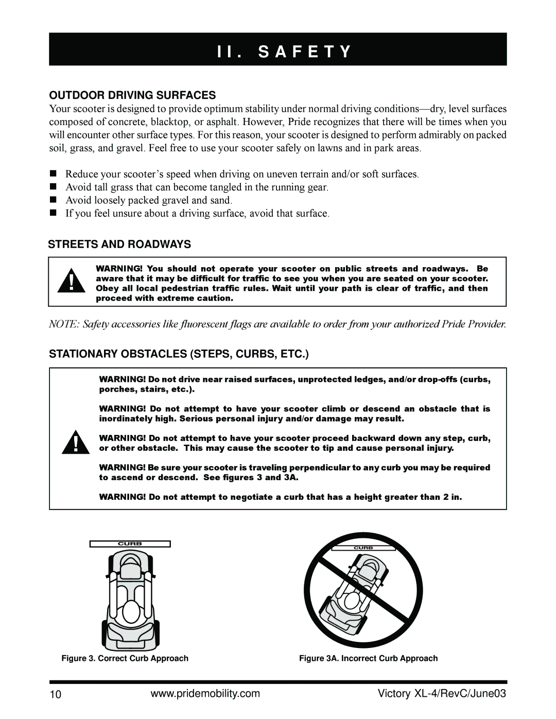 Pride Mobility SC2700 owner manual Outdoor Driving Surfaces, Streets and Roadways Stationary Obstacles STEPS, CURBS, ETC 
