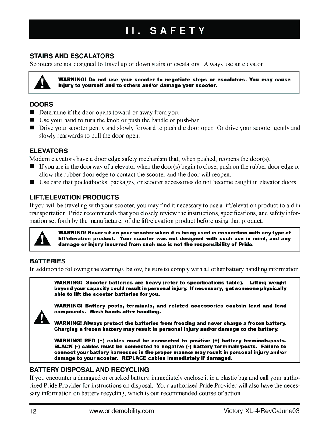 Pride Mobility SC2700 owner manual Stairs and Escalators, Doors, Elevators, LIFT/ELEVATION Products, Batteries 