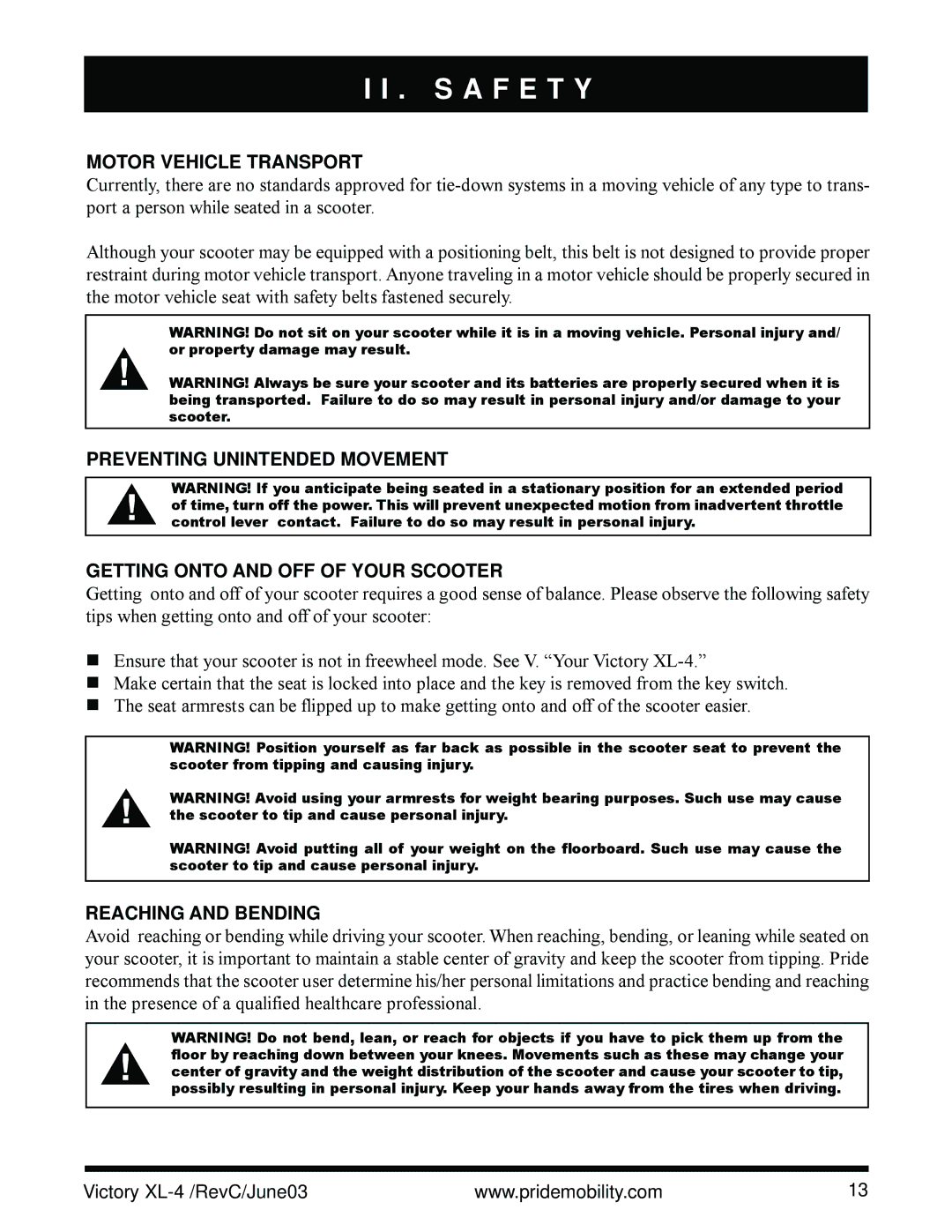 Pride Mobility SC2700 owner manual Motor Vehicle Transport, Reaching and Bending 