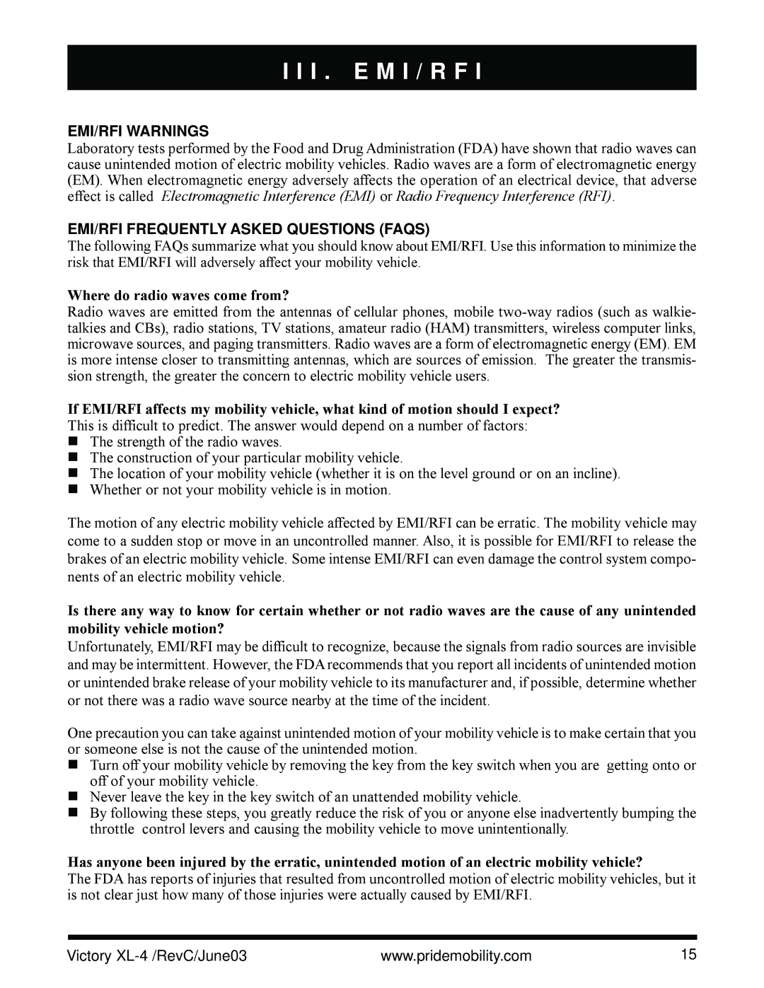 Pride Mobility SC2700 owner manual I . E M I / R F, EMI/RFI Warnings, EMI/RFI Frequently Asked Questions Faqs 