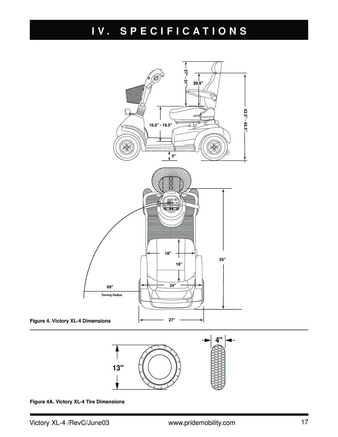 Pride Mobility SC2700 owner manual Specification S, Victory XL-4 Dimensions 