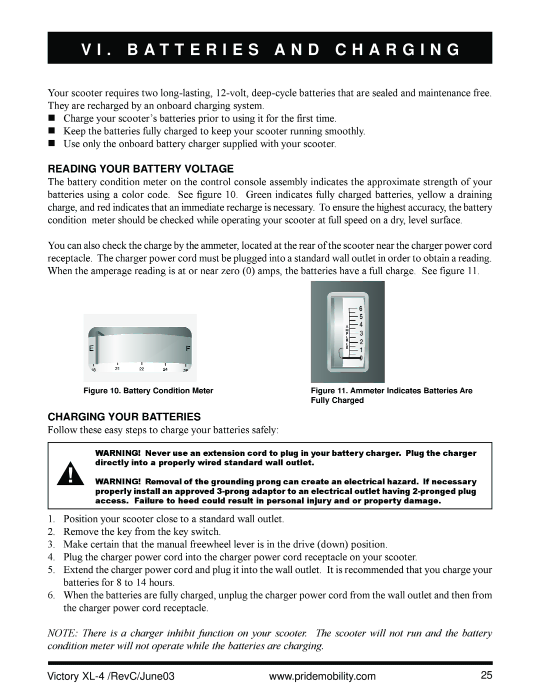 Pride Mobility SC2700 B a T T E R I E S a N D C H a R G I N G, Reading Your Battery Voltage, Charging Your Batteries 