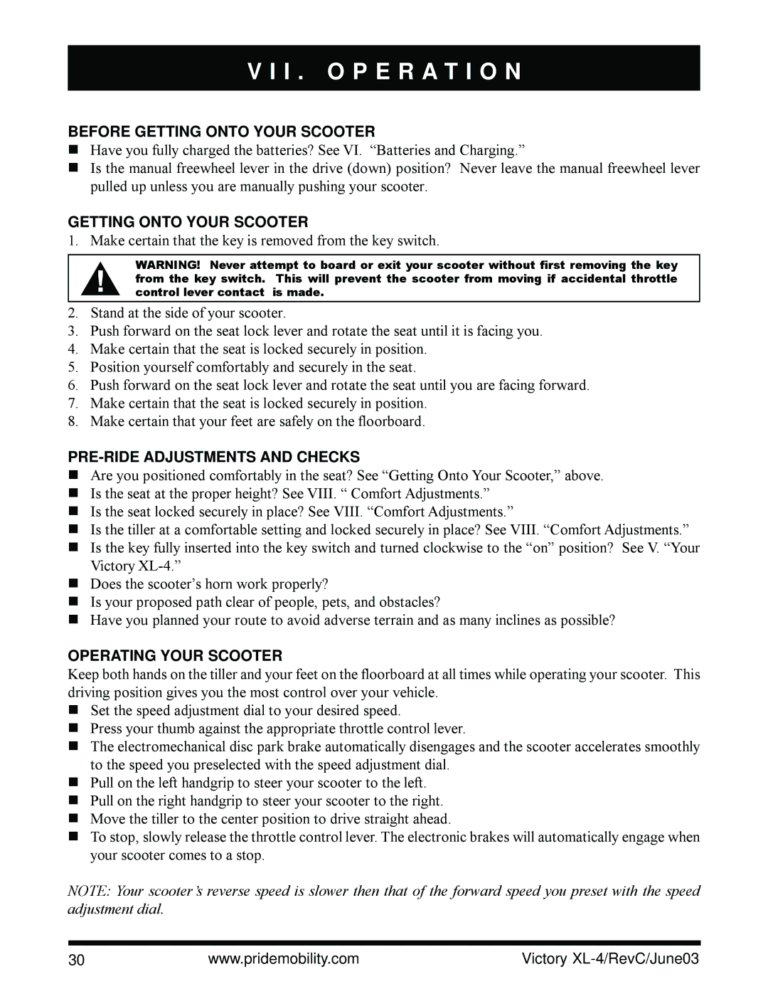 Pride Mobility SC2700 owner manual I . O P E R a T I O N, Before Getting Onto Your Scooter, PRE-RIDE Adjustments and Checks 