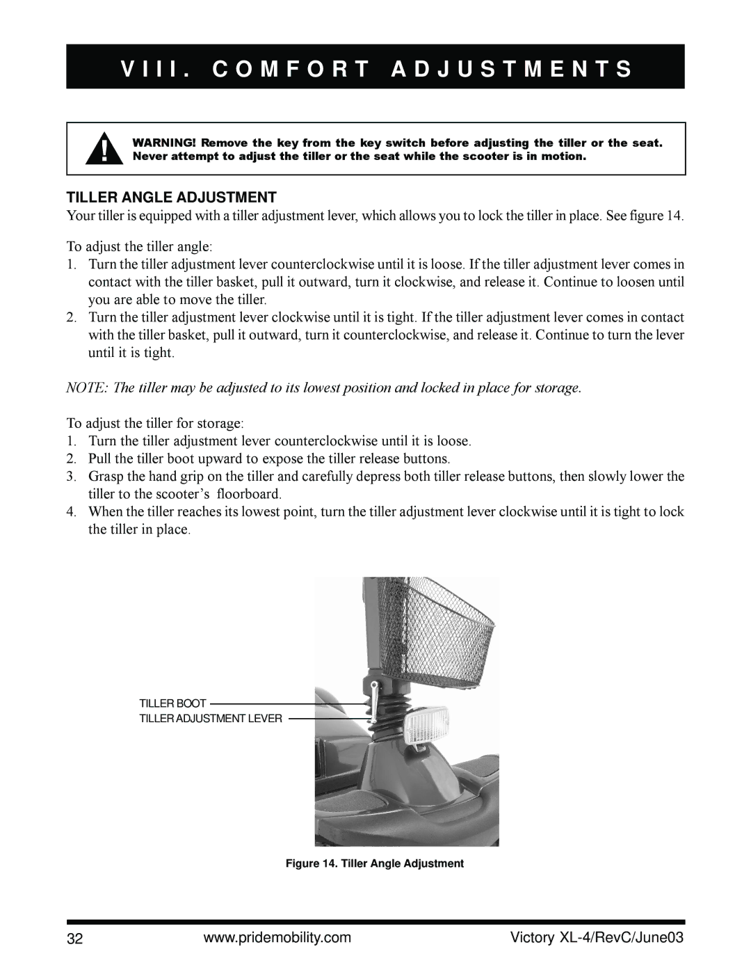 Pride Mobility SC2700 owner manual I I . C O M F O R T a D J U S T M E N T S, Tiller Angle Adjustment 