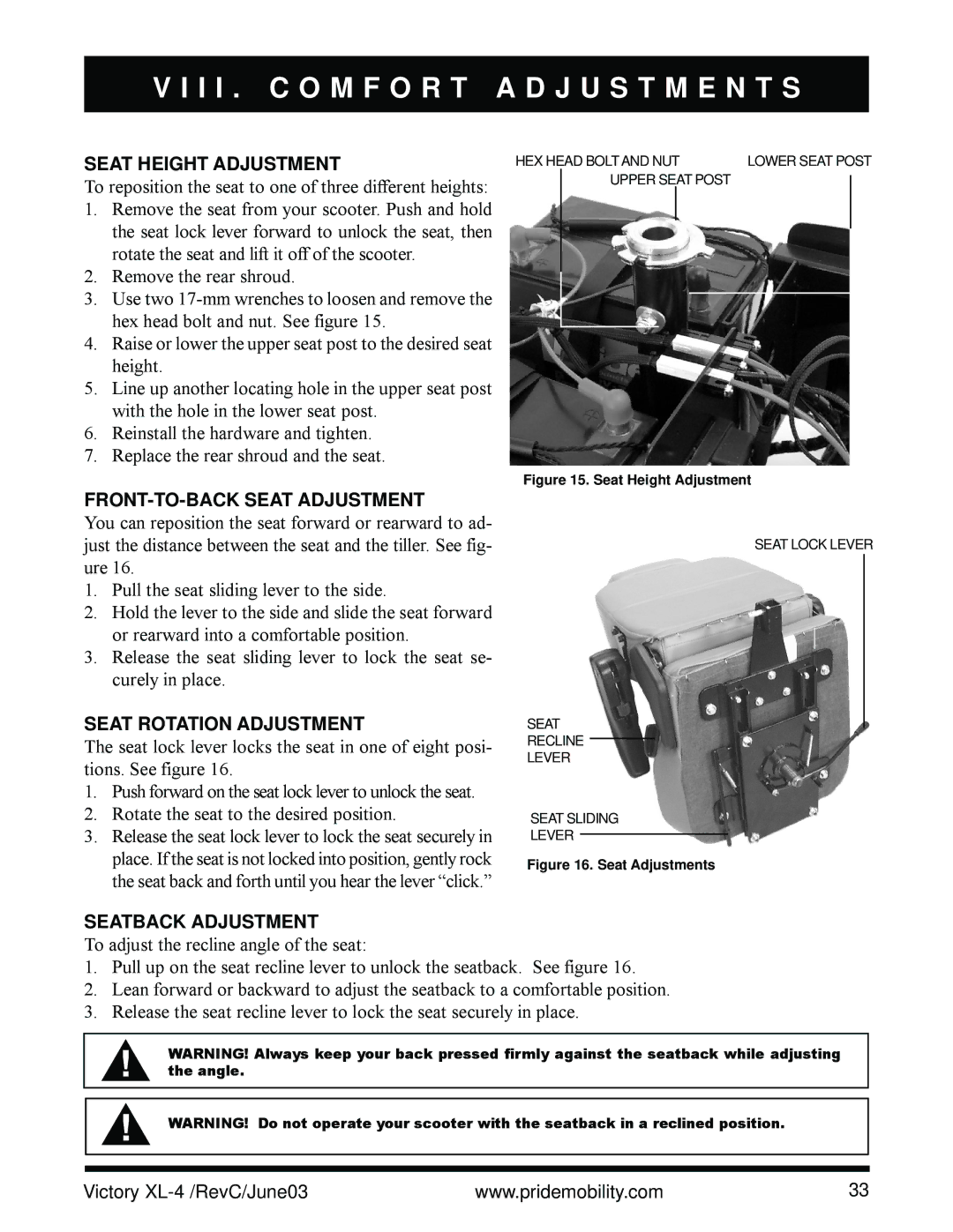 Pride Mobility SC2700 Seat Height Adjustment, FRONT-TO-BACK Seat Adjustment, Seat Rotation Adjustment, Seatback Adjustment 