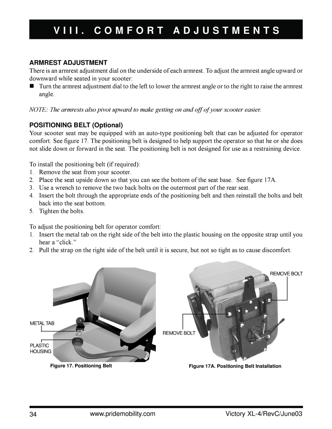 Pride Mobility SC2700 owner manual Armrest Adjustment, Positioning Belt Optional 