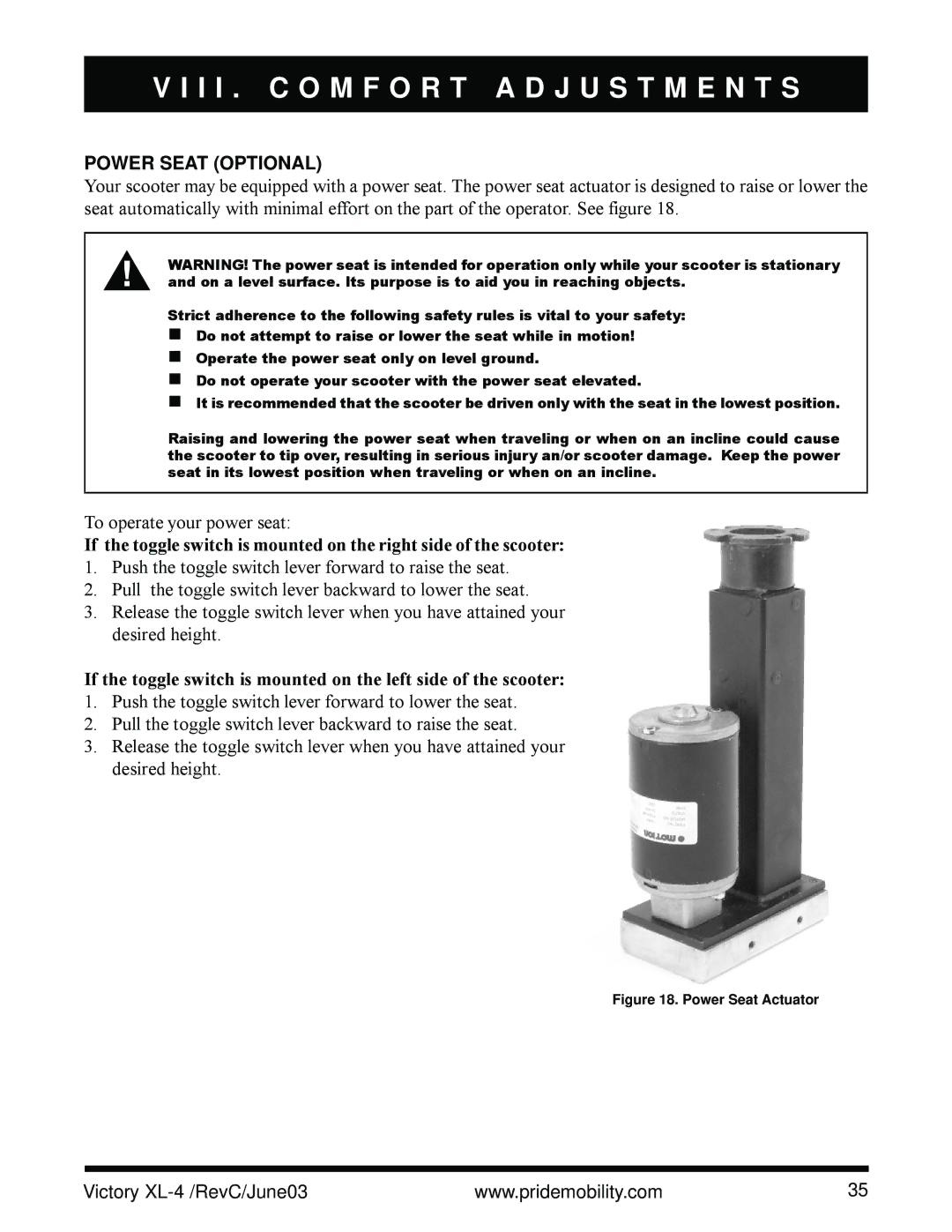 Pride Mobility SC2700 owner manual Power Seat Optional, Power Seat Actuator 