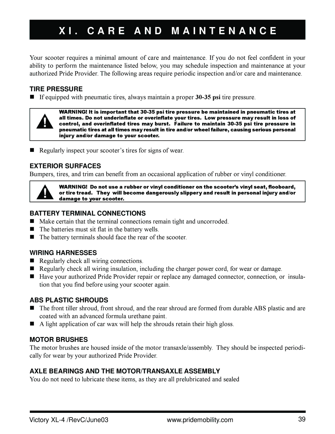 Pride Mobility SC2700 owner manual C a R E a N D M a I N T E N a N C E 