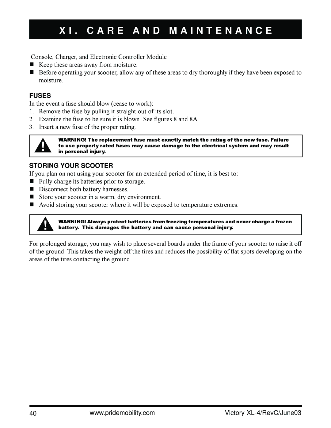 Pride Mobility SC2700 owner manual Fuses, Storing Your Scooter 