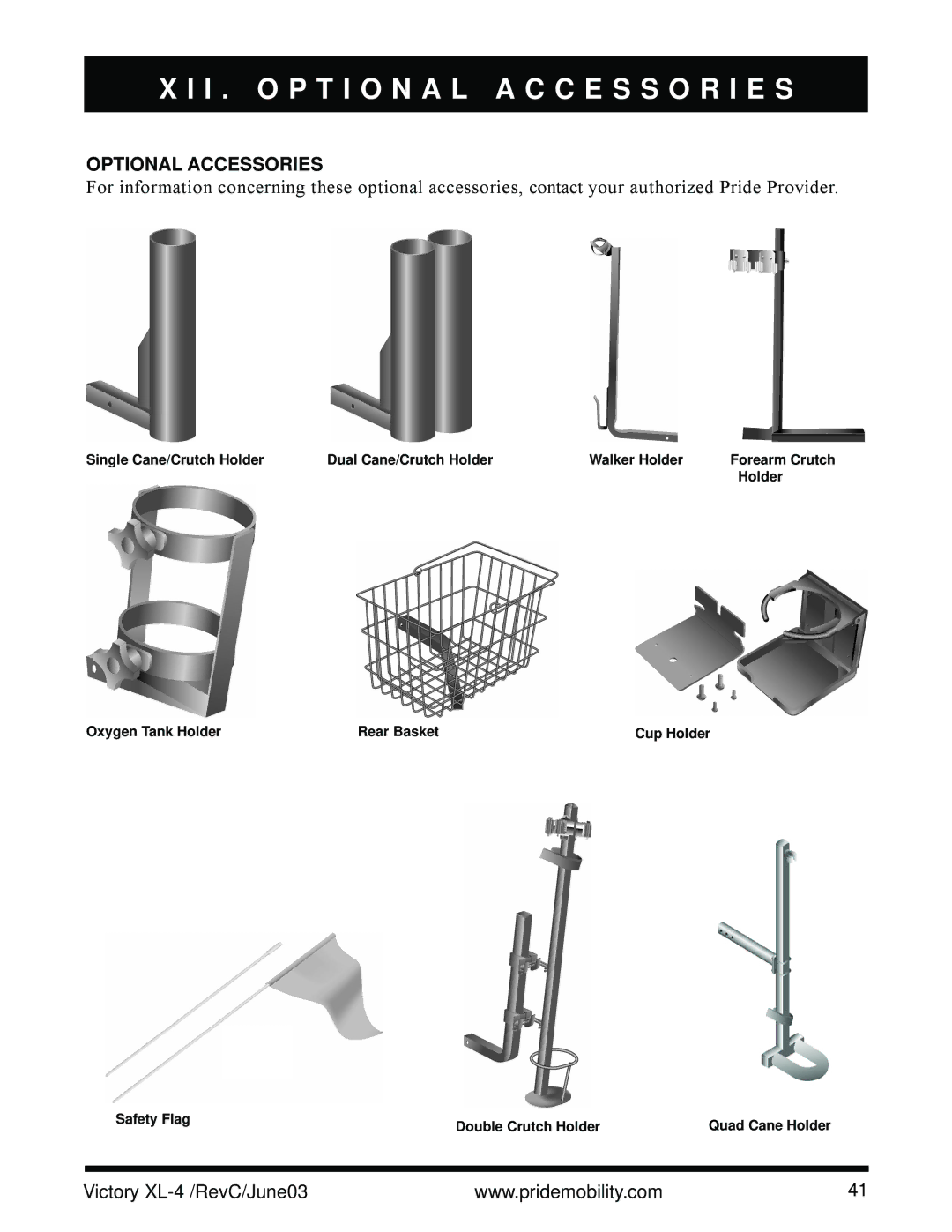 Pride Mobility SC2700 owner manual I . O P T I O N a L a C C E S S O R I E S, Optional Accessories 