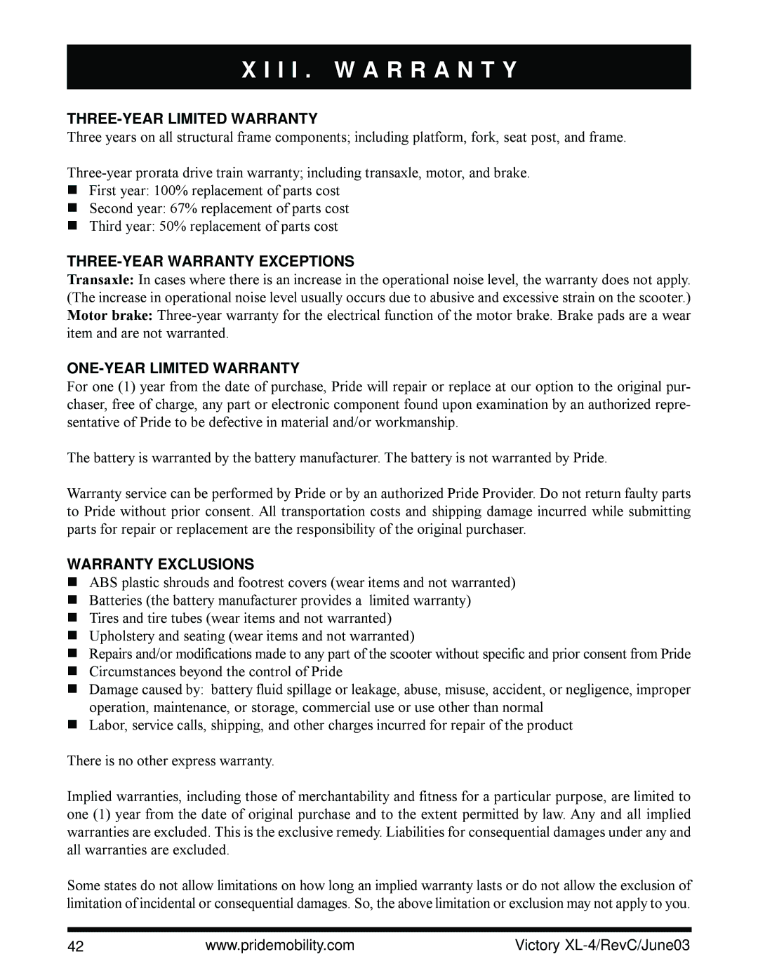 Pride Mobility SC2700 owner manual I I . W a R R a N T Y, THREE-YEAR Limited Warranty, THREE-YEAR Warranty Exceptions 
