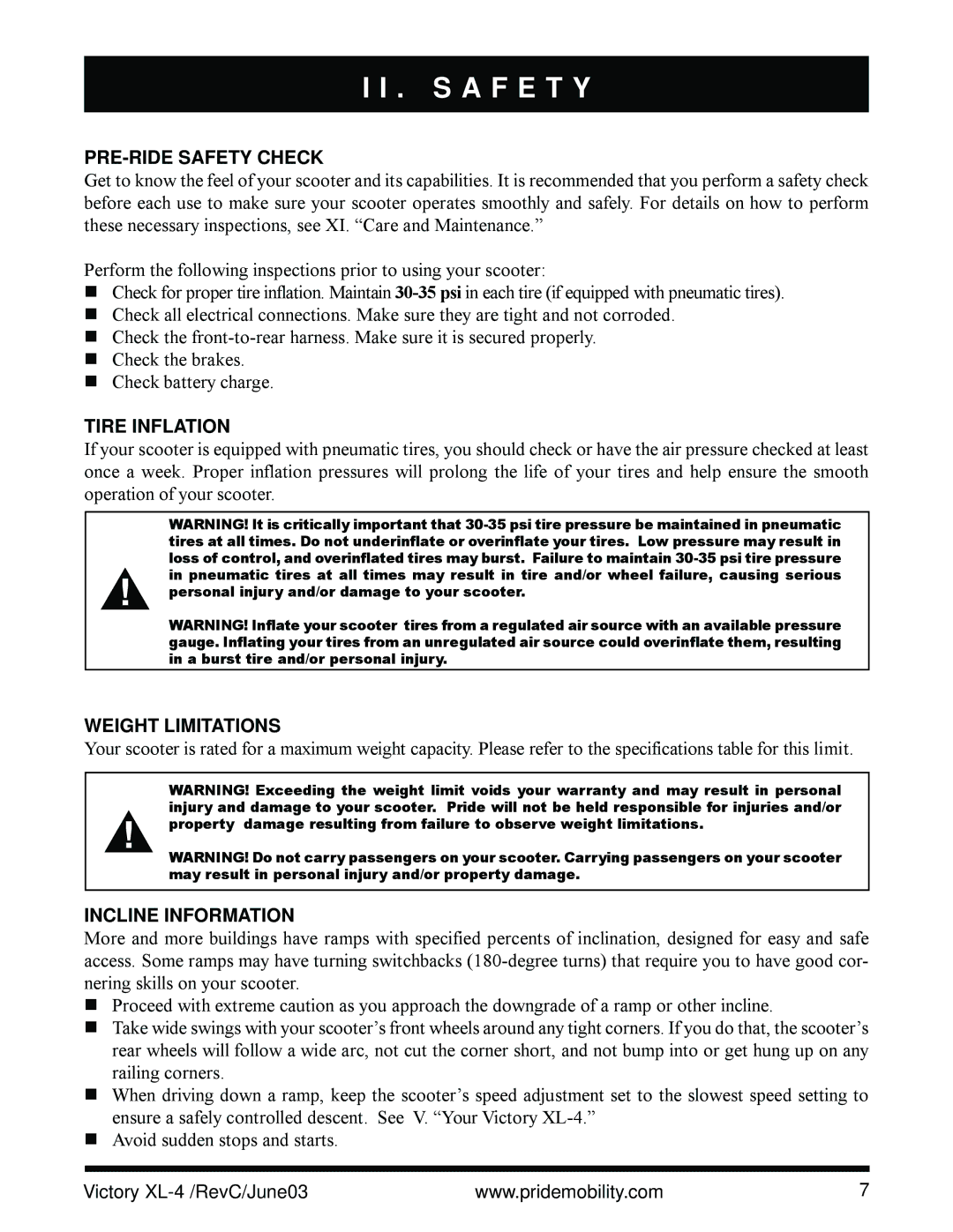 Pride Mobility SC2700 owner manual PRE-RIDE Safety Check, Tire Inflation, Weight Limitations, Incline Information 