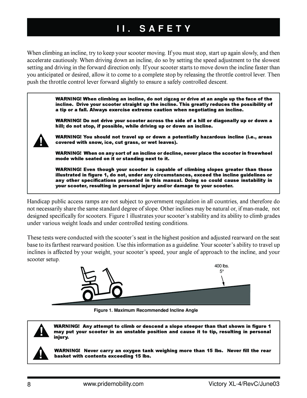 Pride Mobility SC2700 owner manual Maximum Recommended Incline Angle 