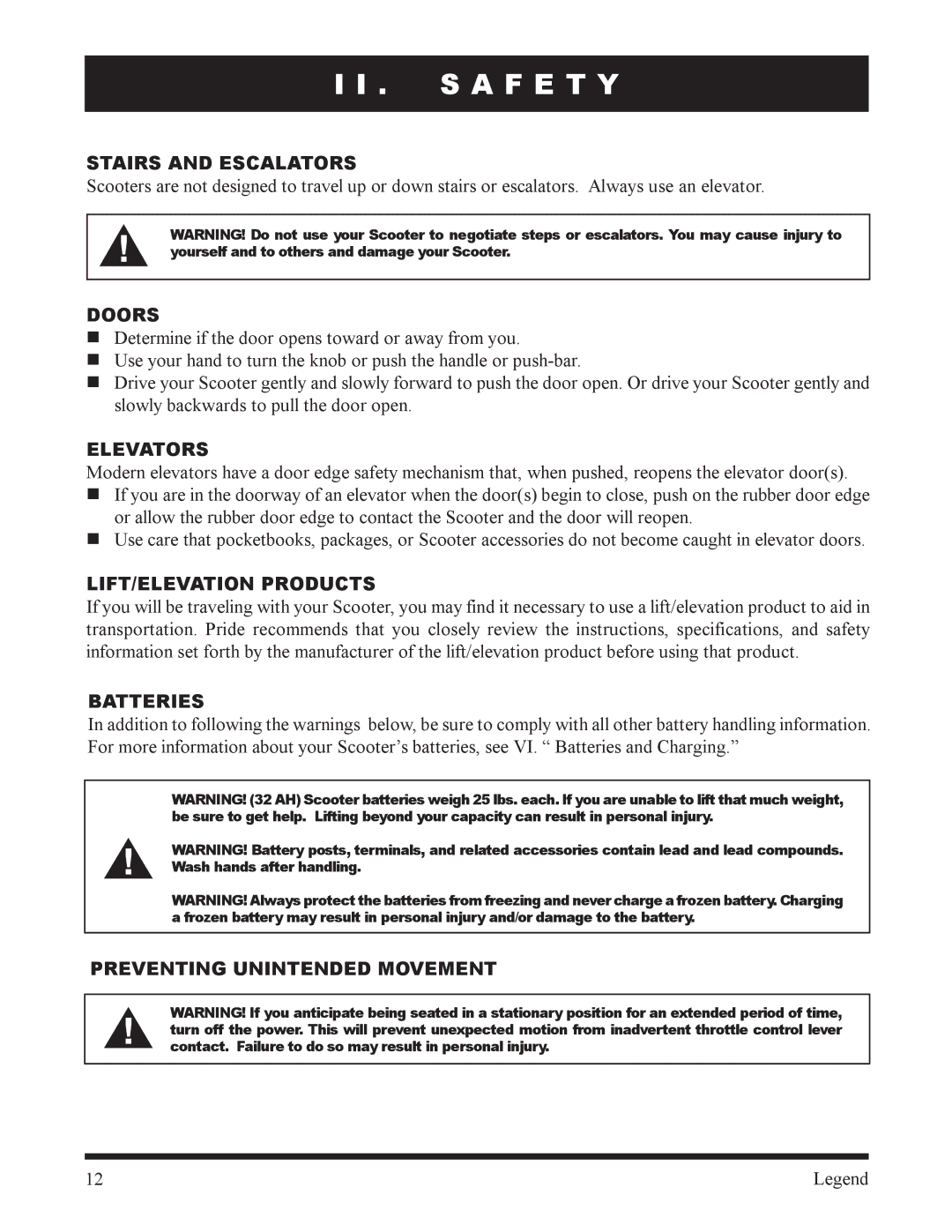 Pride Mobility SC340, SC300 owner manual Stairs and Escalators, Doors, Elevators, LIFT/ELEVATION Products, Batteries 