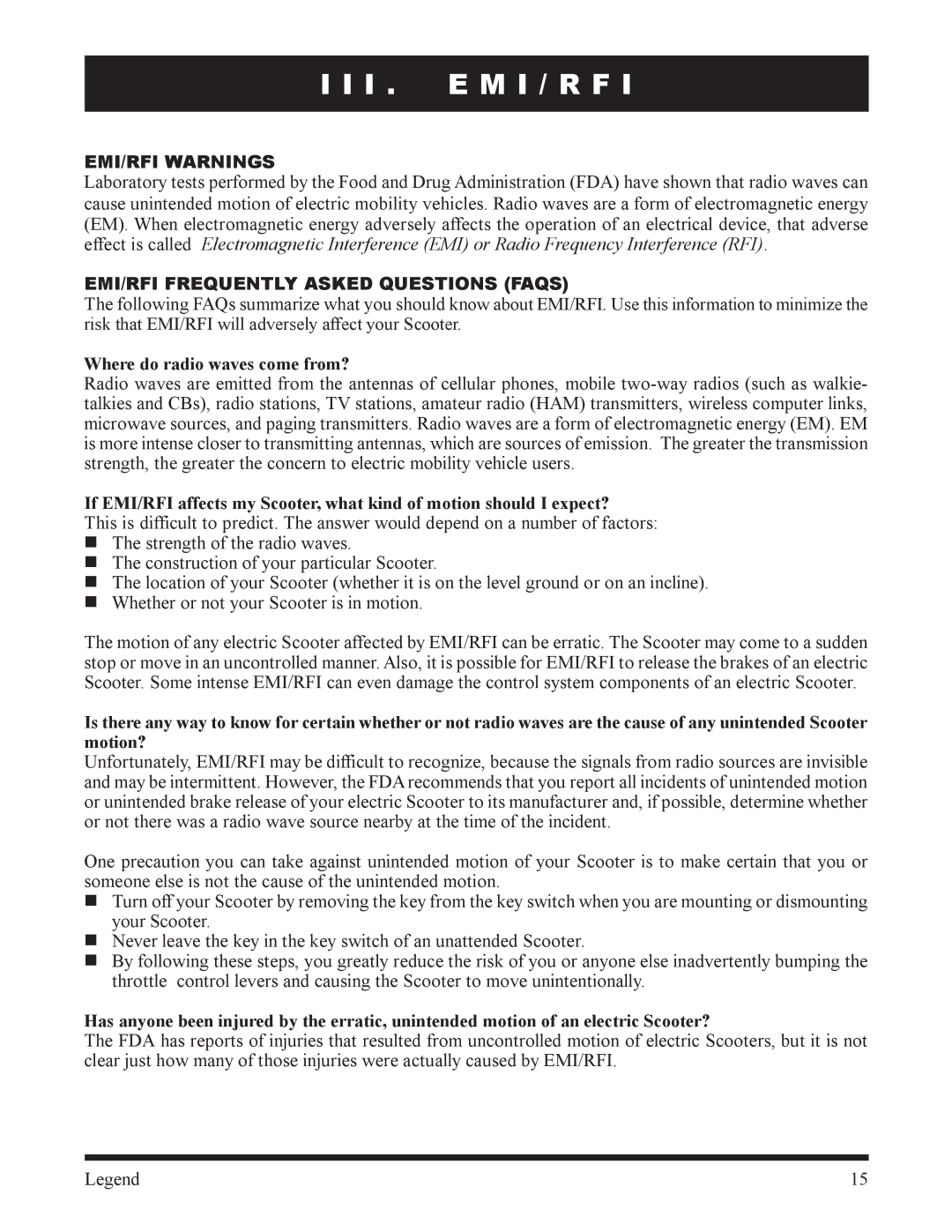 Pride Mobility SC300, SC340 owner manual I . E M I / R F, EMI/RFI Warnings 