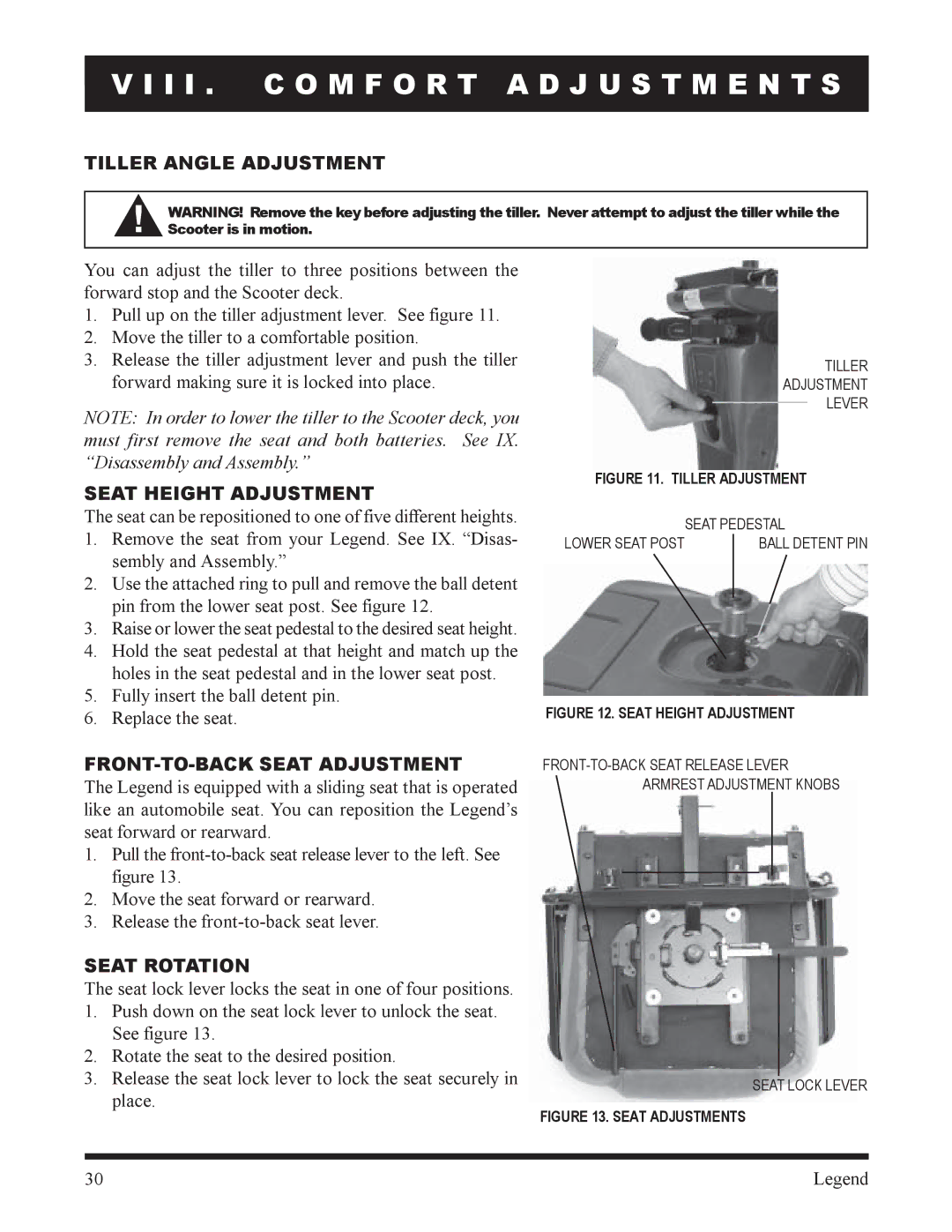 Pride Mobility SC340, SC300 I I . C O M F O R T a D J U S T M E N T S, Tiller Angle Adjustment, Seat Height Adjustment 