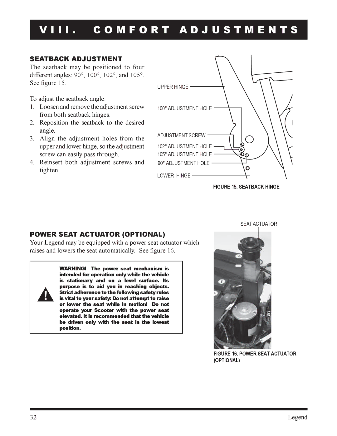 Pride Mobility SC340, SC300 owner manual Seatback Adjustment, Power Seat Actuator Optional 