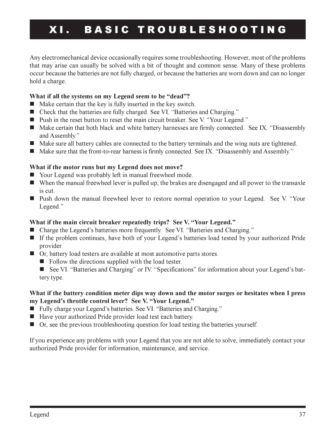 Pride Mobility SC300, SC340 owner manual B a S I C Troubleshooting, What if all the systems on my Legend seem to be dead? 